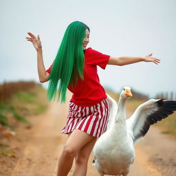 A beautiful Korean woman striking an elegant and attractive pose, wearing a red t-shirt, a short striped skirt, and flip-flops