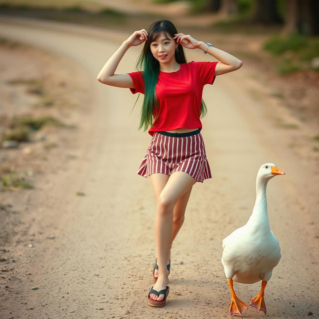 A beautiful Korean woman striking an elegant and attractive pose, wearing a red t-shirt, a short striped skirt, and flip-flops