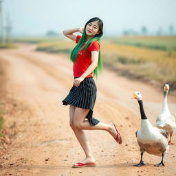 A beautiful Korean woman striking an elegant and attractive pose, wearing a red t-shirt, a short striped skirt, and flip-flops
