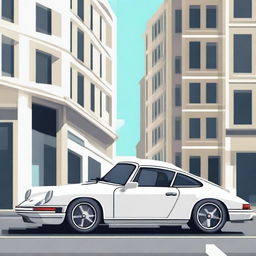 An image showcasing a pristine white Porsche 911, parked elegantly on a city street