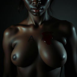 A dark-skinned woman's upper chest prominently displaying the letters 'AA' carved into her skin, with dramatic lighting emphasizing the contours of her body