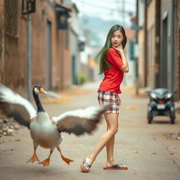 A beautiful Korean woman posing elegantly and attractively, wearing a red t-shirt and a short striped skirt, with flip-flops