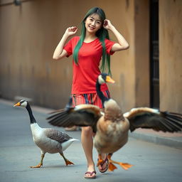 A beautiful Korean woman posing elegantly and attractively, wearing a red t-shirt and a short striped skirt, with flip-flops
