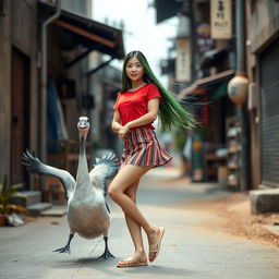 A beautiful Korean woman posing elegantly and attractively, wearing a red t-shirt and a short striped skirt, with flip-flops