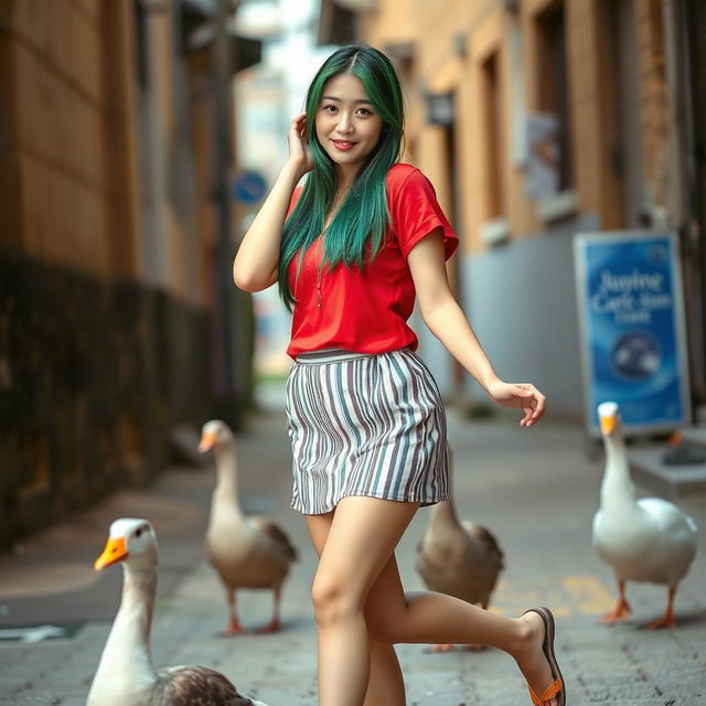 A beautiful Korean woman posing elegantly and attractively, wearing a red t-shirt and a short striped skirt, with flip-flops