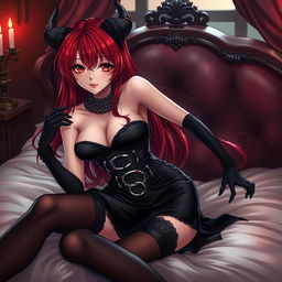 A seductive demon gothic anime girl with long, lustrous red hair and an alluringly curvaceous figure, wearing a provocative black dress intricately designed with multiple belts and chains