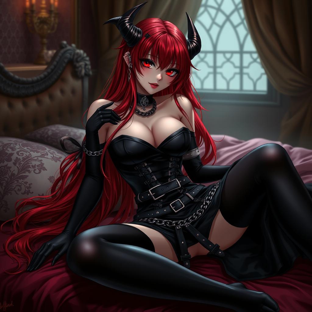 A seductive demon gothic anime girl with long, lustrous red hair and an alluringly curvaceous figure, wearing a provocative black dress intricately designed with multiple belts and chains