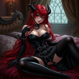 A seductive demon gothic anime girl with long, lustrous red hair and an alluringly curvaceous figure, wearing a provocative black dress intricately designed with multiple belts and chains