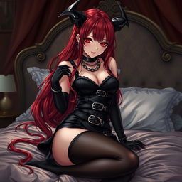 A seductive demon gothic anime girl with long, lustrous red hair and an alluringly curvaceous figure, wearing a provocative black dress intricately designed with multiple belts and chains
