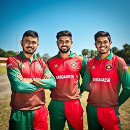 A vivid portrait of three Bangladeshi cricket players standing together, confidently looking at the camera
