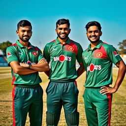 A vivid portrait of three Bangladeshi cricket players standing together, confidently looking at the camera