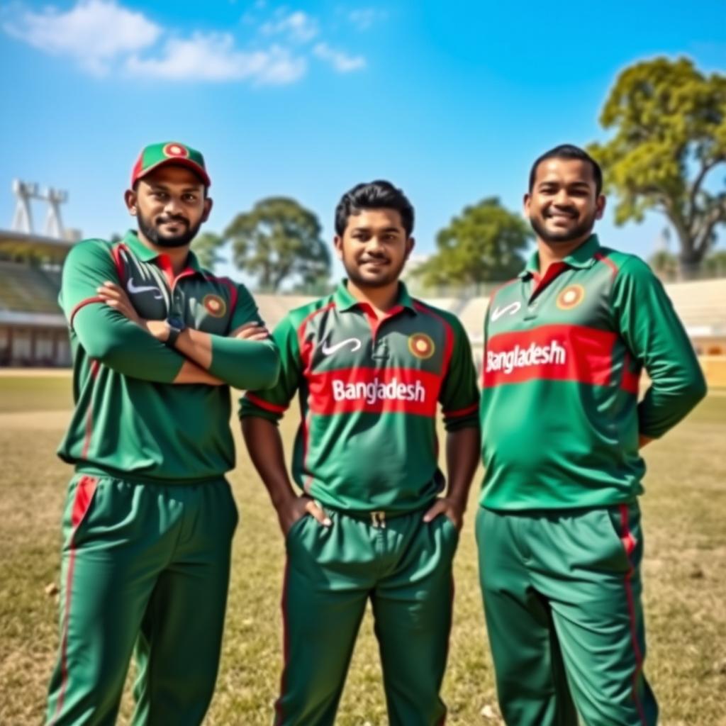 A vivid portrait of three Bangladeshi cricket players standing together, confidently looking at the camera