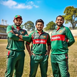 A vivid portrait of three Bangladeshi cricket players standing together, confidently looking at the camera