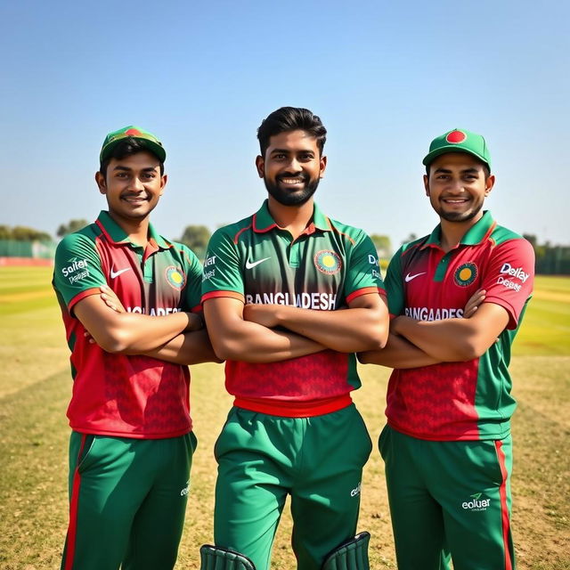 A vivid portrait of three Bangladeshi cricket players standing together, confidently looking at the camera