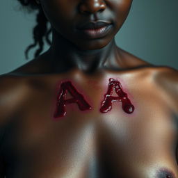 A dark-skinned woman's upper chest featuring the letters 'AA' appearing as if bitten into her skin, with visible details of her flesh and texture