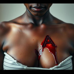 A dark-skinned woman's upper chest featuring the letters 'AA' appearing as if bitten into her skin, with visible details of her flesh and texture