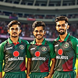 A high-resolution photograph of three Bangladeshi cricket players standing together, looking confidently at the camera