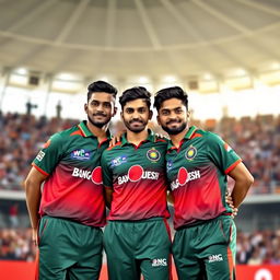 A high-resolution photograph of three Bangladeshi cricket players standing together, looking confidently at the camera