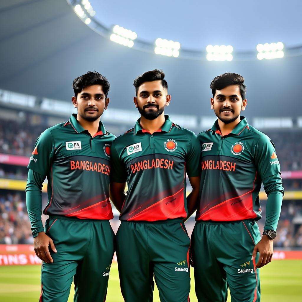 A high-resolution photograph of three Bangladeshi cricket players standing together, looking confidently at the camera