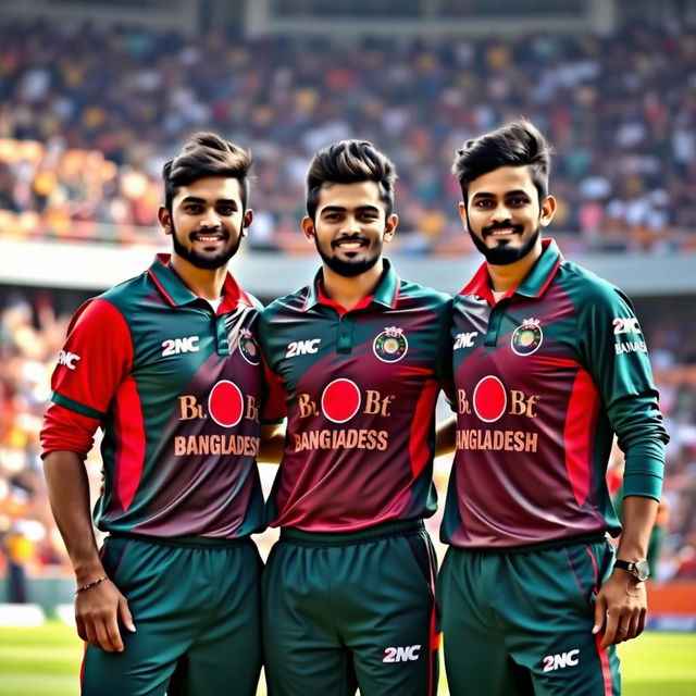 A high-resolution photograph of three Bangladeshi cricket players standing together, looking confidently at the camera