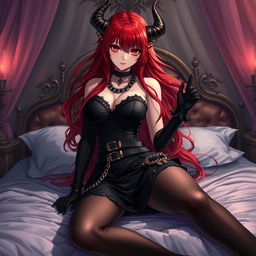 A captivating and sexy demon gothic anime girl with long, flowing red hair and a voluptuous figure, wearing a daring black dress embellished with numerous belts and chains, showcasing her edgy style