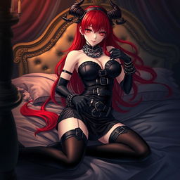A captivating and sexy demon gothic anime girl with long, flowing red hair and a voluptuous figure, wearing a daring black dress embellished with numerous belts and chains, showcasing her edgy style