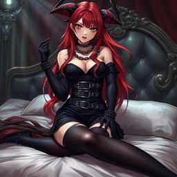 A captivating and sexy demon gothic anime girl with long, flowing red hair and a voluptuous figure, wearing a daring black dress embellished with numerous belts and chains, showcasing her edgy style