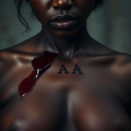 A dark-skinned woman's upper chest featuring the mini initials 'AA' appearing as if bitten into her skin, with intricate details of flesh and texture surrounding the wounds