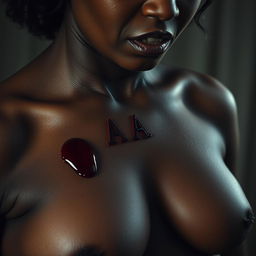 A dark-skinned woman's upper chest featuring the mini initials 'AA' appearing as if bitten into her skin, with intricate details of flesh and texture surrounding the wounds