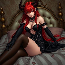A seductive demon gothic anime girl with long, vibrant red hair and a voluptuous figure, clad in a daring black dress intricately designed with belts and numerous chains
