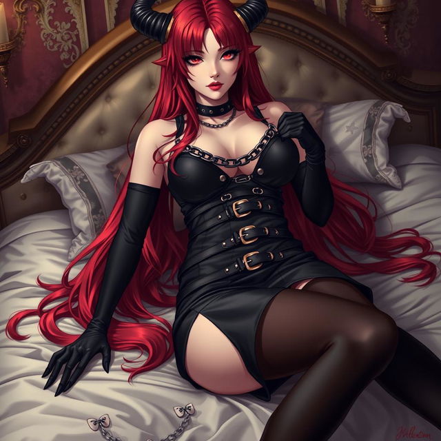 A seductive demon gothic anime girl with long, vibrant red hair and a voluptuous figure, clad in a daring black dress intricately designed with belts and numerous chains