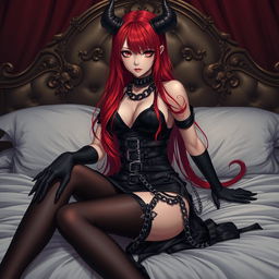 A seductive demon gothic anime girl with long, vibrant red hair and a voluptuous figure, clad in a daring black dress intricately designed with belts and numerous chains