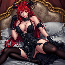 A seductive demon gothic anime girl with long, vibrant red hair and a voluptuous figure, clad in a daring black dress intricately designed with belts and numerous chains