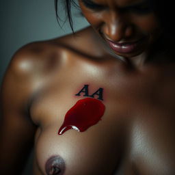 A dark-skinned woman's left upper chest featuring mini initials 'AA' appearing as if bitten into her skin, with intricately detailed flesh and texture surrounding the wound