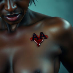 A dark-skinned woman's left upper chest featuring mini initials 'AA' appearing as if bitten into her skin, with intricately detailed flesh and texture surrounding the wound
