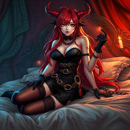 A strikingly sexy demon gothic anime girl with long, flowing red hair and an alluringly voluptuous figure, dressed in a provocative black dress adorned with numerous belts and chains