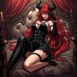 A strikingly sexy demon gothic anime girl with long, flowing red hair and an alluringly voluptuous figure, dressed in a provocative black dress adorned with numerous belts and chains
