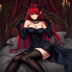 A strikingly sexy demon gothic anime girl with long, flowing red hair and an alluringly voluptuous figure, dressed in a provocative black dress adorned with numerous belts and chains