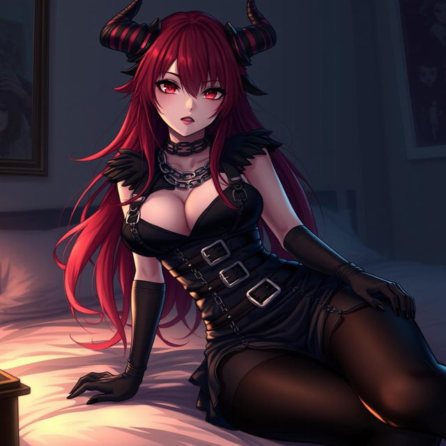 A sexy gothic anime girl, embodying a captivating demon character, featuring long, flowing red hair and voluptuous curves