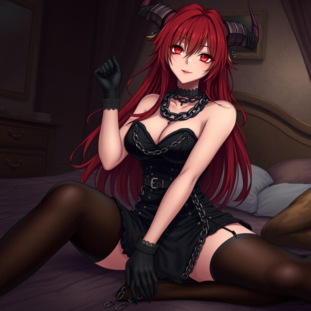 A sexy gothic anime girl, embodying a captivating demon character, featuring long, flowing red hair and voluptuous curves