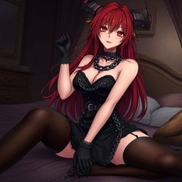 A sexy gothic anime girl, embodying a captivating demon character, featuring long, flowing red hair and voluptuous curves