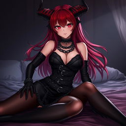 A sexy gothic anime girl, embodying a captivating demon character, featuring long, flowing red hair and voluptuous curves