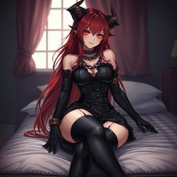 A sexy gothic anime girl, embodying a captivating demon character, featuring long, flowing red hair and voluptuous curves