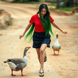 A beautiful Korean woman wearing a red t-shirt, a short black plaid skirt, and flip-flops