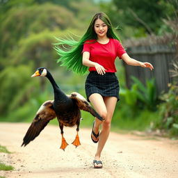 A beautiful Korean woman wearing a red t-shirt, a short black plaid skirt, and flip-flops