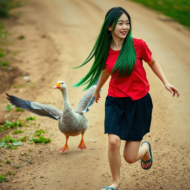 A beautiful Korean woman wearing a red t-shirt, a short black plaid skirt, and flip-flops