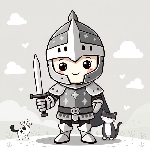 A cute and whimsical medieval knight character wearing a great helm, designed for a childlike appeal