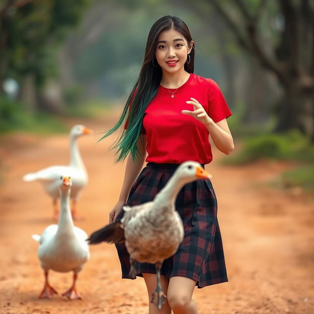 A beautiful Korean woman wearing a red t-shirt and a short black checkered skirt, with flip-flops, and long straight hair that reaches her ankles dyed green