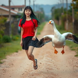 A beautiful Korean woman wearing a red t-shirt and a short black checkered skirt, with flip-flops, and long straight hair that reaches her ankles dyed green