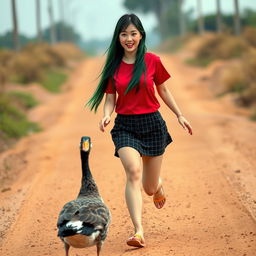 A beautiful Korean woman wearing a red t-shirt and a short black checkered skirt, with flip-flops, and long straight hair that reaches her ankles dyed green